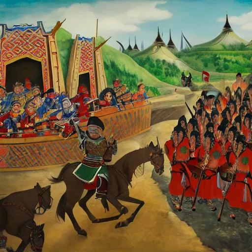 Prompt: genghis khan and his mongol horde ransacking modern day efteling, oil on canvas