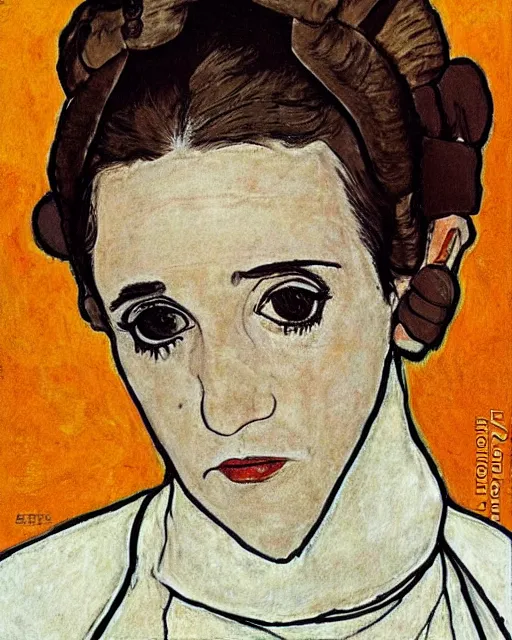 Prompt: princess leia from star war: a new hope, drawing by egon schiele, trending somewhere trendy, cdx
