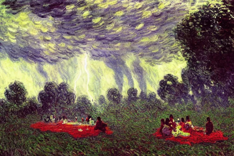 Image similar to a detailed illustration of a god ruining a picnic in the park, nightmare in the park, small crowd of people, calamity, dark storms with lightning, 8 k, art by claude monet and andreas rocha and albert bierstadt