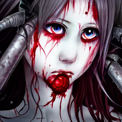 Image similar to anime girl with blood running down her face, heavy metal album cover, 3 d rendered, red eyes, white haired, horn on head, cute