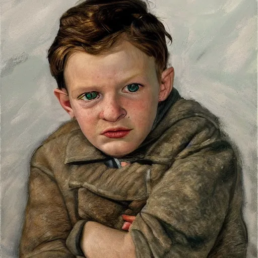 Image similar to high quality high detail painting by lucian freud, hd, little boy portrait, photorealistic lighting