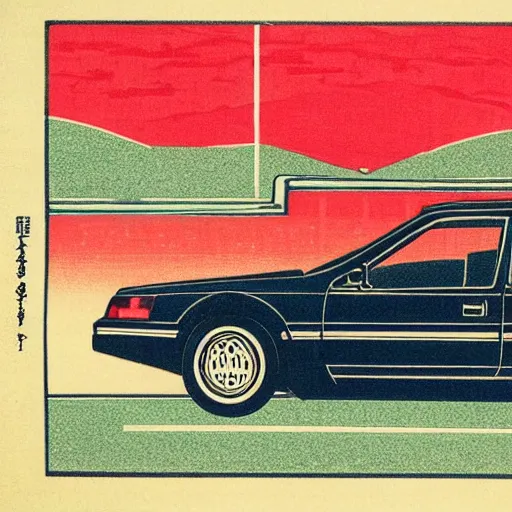 Image similar to japanese woodblock print of a 1 9 8 0 honda civic,