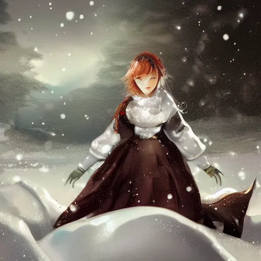 Prompt: Girl in a snowy landscape, digital art, by Yoshitaka Amano, trending on artstation