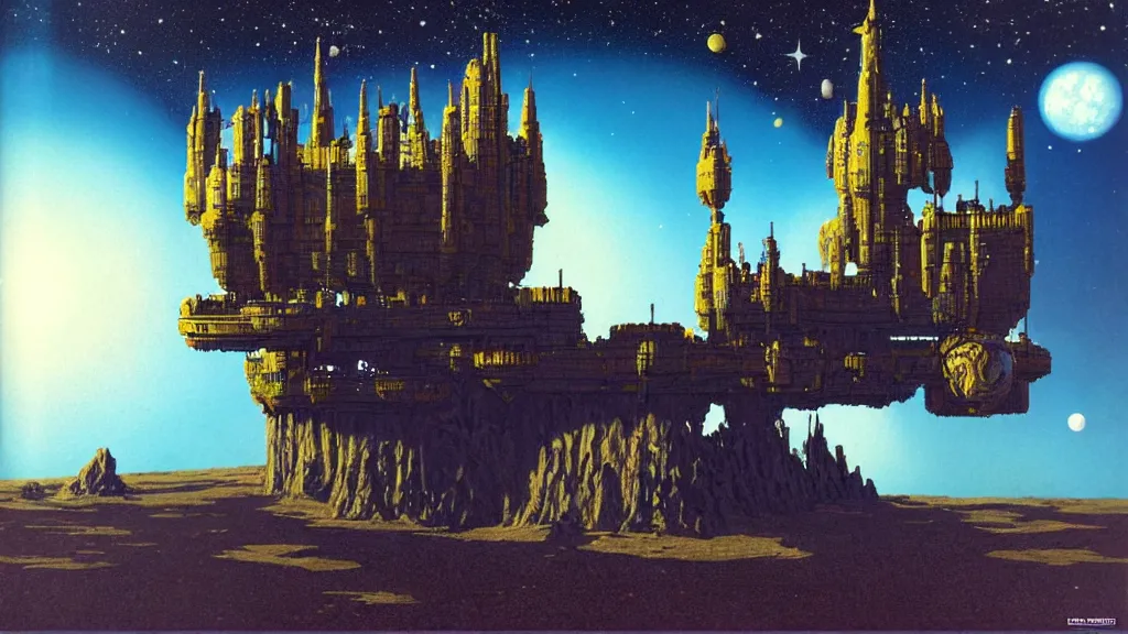 Image similar to a castle in outer space in the style of chris foss and rodger dean