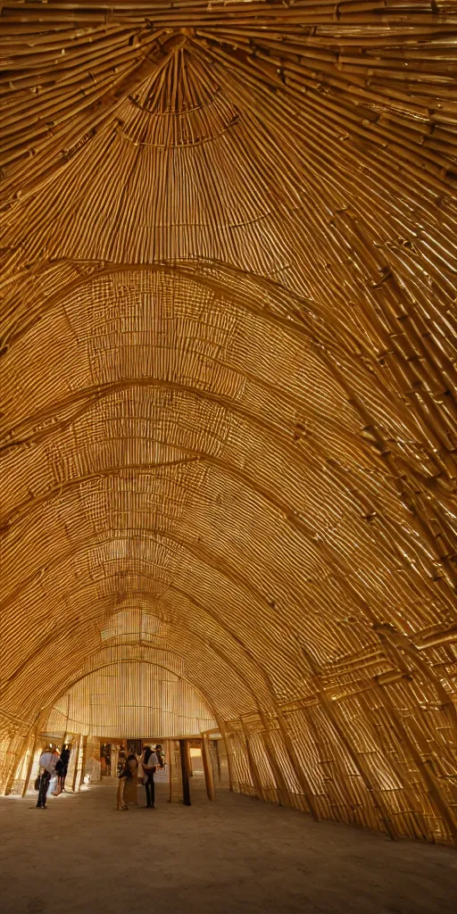 Prompt: inside small pavilion made of bamboo. complex curved vaulting structure. a large crowd at a party. baroque, 4 k, 8 k. volumetric lighting.