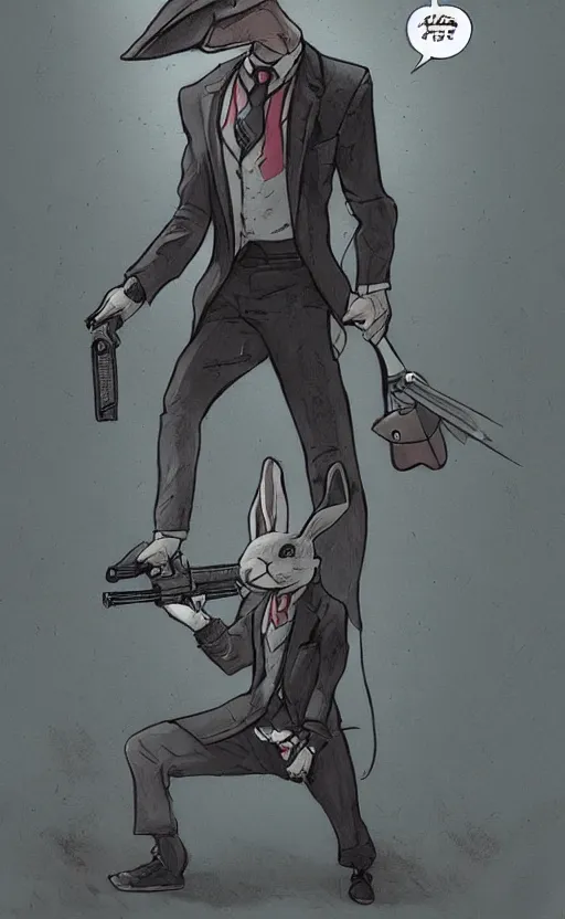 Prompt: rabbit hitman, comic strip style, dynamic lighting, fantasy concept art, trending on art station, stunning visuals, creative, cinematic, ultra detailed