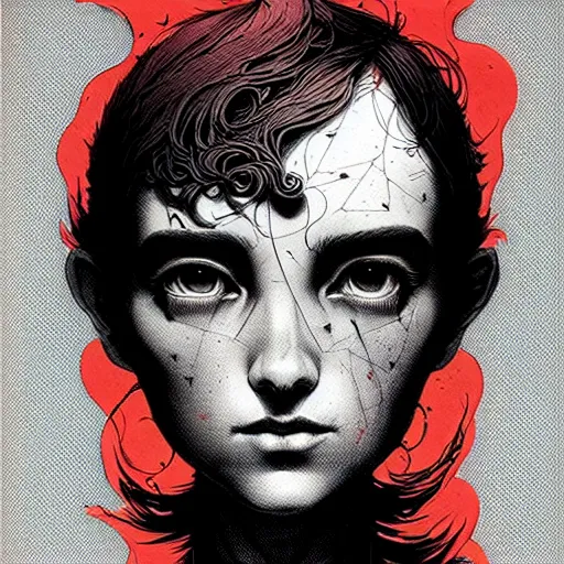 Image similar to portrait top light, by killian eng and joe fenton and martin deschambault and conrad roset, inspired by city of lost children, red and grey only, etching, fine, sharp high detail,