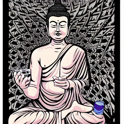 Prompt: precisely drawn illustration of buddha drinking a beer, wide angle, realistic, no artefacts, sharp, fine details, with accurate features, french comic style, vibrant realistic colors, high definition, full color, heroic fantasy, clear detailed view, intense line art, 8 k, precise linework, realistic, in the style of heavy metal comics and richard corben and moebius