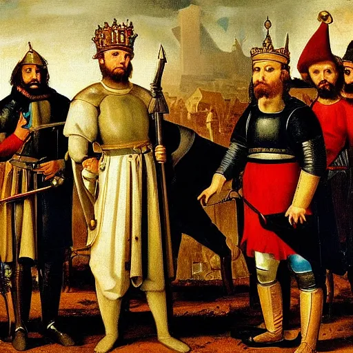 Prompt: a king and his knights standing over poor peasants, historical painting
