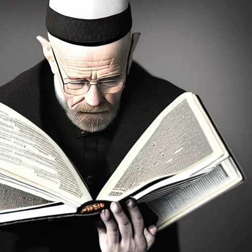 Prompt: photo realistic, walter white praying in a chabad synagogue, wearing lubavitch garb, black borsalino hat tilted forward, holding a prayer book.