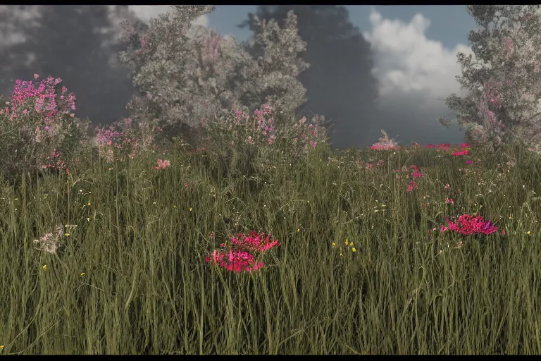 Prompt: overgrown with flowers heckler & koch mp 7 ai. octane render. substance painter painter. black, matte metal. flower field. strong light with dabbled shadows. photoreal.