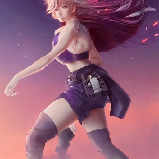 Prompt: An anime portrait of Jennifer Lawrence with long purple hair running through urban battlefield by Stanley Artgerm Lau, WLOP, Rossdraws, James Jean, Andrei Riabovitchev, Marc Simonetti, and Sakimichan, trending on artstation