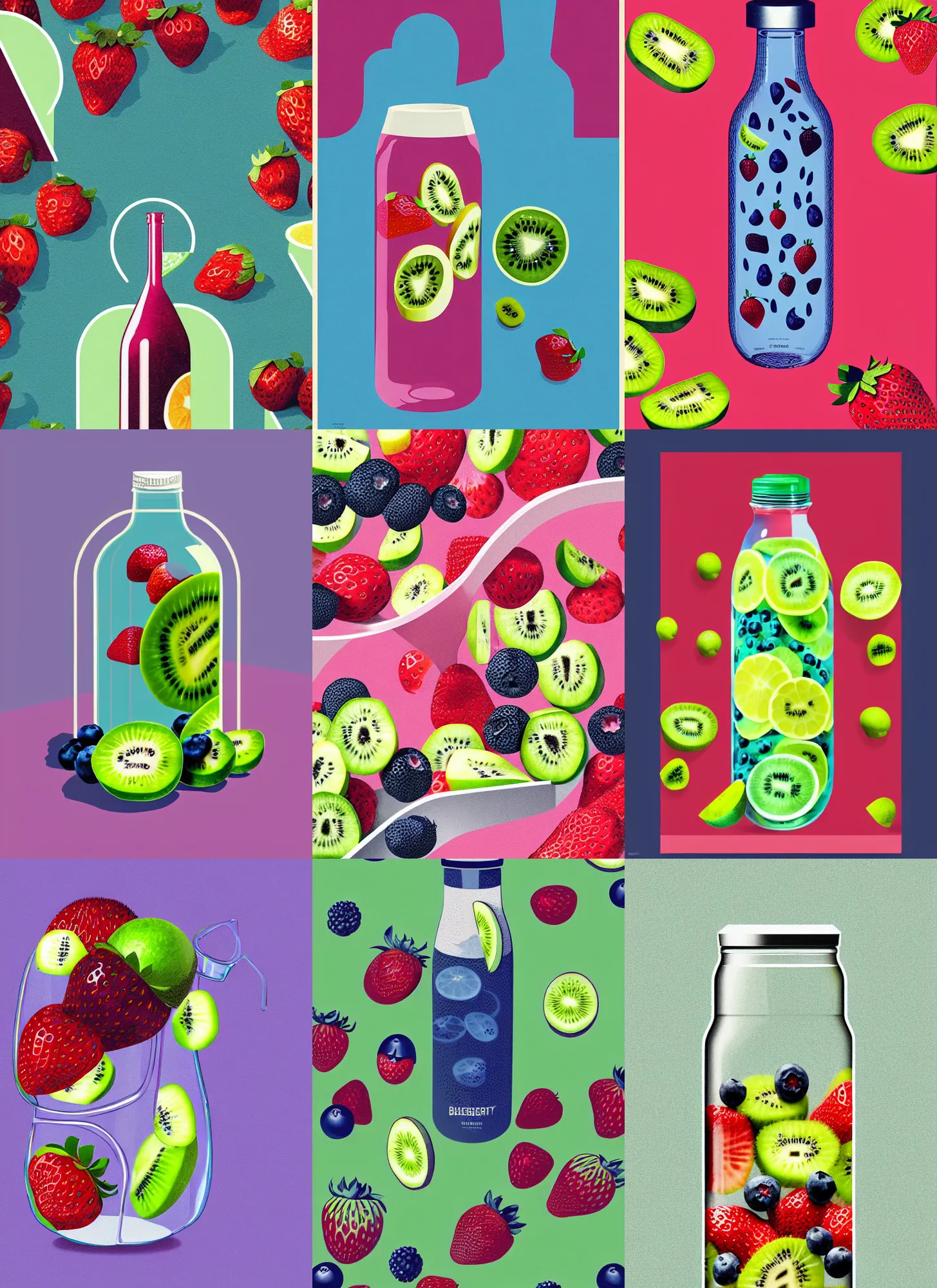 Prompt: ( ( dither ) ), editorial illustration strawberries blueberries sliced kiwi sliced lemon inside a clear drinking bottle, isometric, modern art deco, ( ( mads berg ) ), detailed, dynamic composition, wide angle, matte print, strong grain, art nouveau, flat