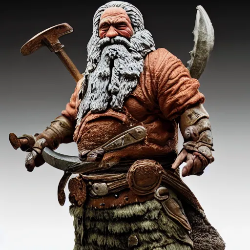 Image similar to 8 5 mm f 1. 8 photograph of a claymation sculpture warrior dwarf, highly detailed sculpey diorama, by erwin olaf, smooth, sharp foccus, commercial photography, fashion shoot