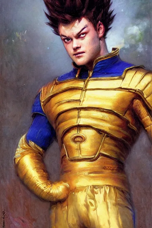 Prompt: portrait of taron egerton as prince vegeta. art by gaston bussiere.