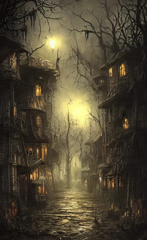 Prompt: dark fantasy concept art of a neighbor hood view at night of a Halloween decorated street, dynamic lighting, photorealistic, cinematic, ultra detailed, trending on art station, creepy, lonely vibe, stunning visuals, extreme detail, eery vibe