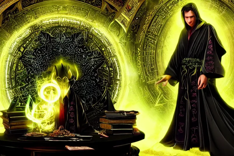 Prompt: a warlock wearing a black robe with golden embroidery, sitting at a table with grimoires, casting a spell, green glows, in the style of magic the gathering, dramatic lighting, highly detailed digital art