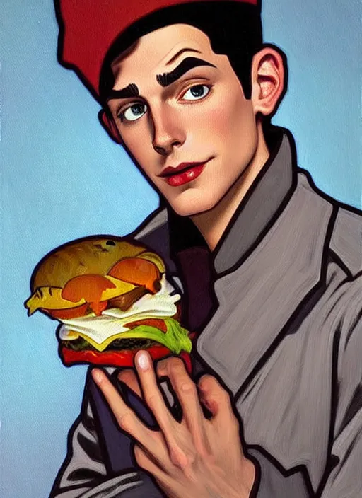 Prompt: oil painting, jughead jones has a pinocchio nose, he wears a light grey crown, and devours a hamburger, intricate, elegant, highly detailed, lighting, painting, artstation, smooth, illustration, art by greg rutowski and alphonse mucha