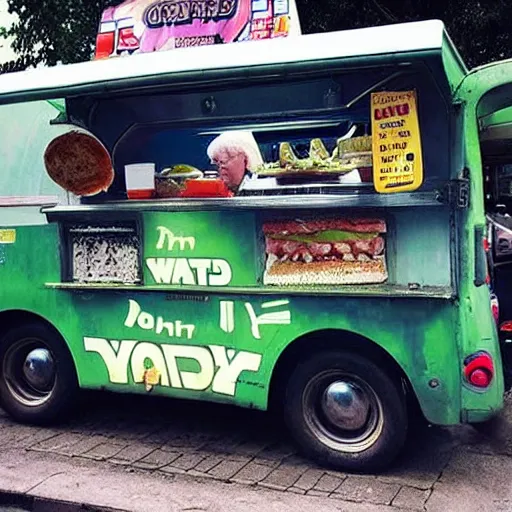 Image similar to “yoda selling burger in a food van”