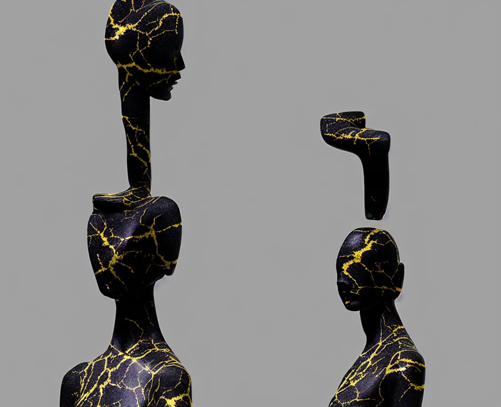 Image similar to beautiful mannequin sculpted out of onyx by billelis + lit with geometric neon printed lavender kintsugi + doorway opening to a new dimension with geometric fractal vaporwave light + flowering bonsai trees!!!!, transcendent, clean linework, dramatic, moody, finely detailed, 4 k, trending on artstation, award winning, photorealistic, volumetric lighting, octane render