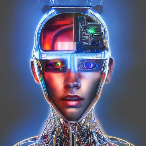 Image similar to a beautiful portrait of a young bionic male cyborg, cyberpunk, intricate wiring, electronic components, augmented vision, volumetric light, photography, color, intricate, extremely detailed, hyperrealistic, color pencil drawing, trending on artstation