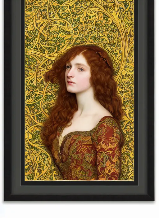 Image similar to masterpiece beautiful seductive flowing curves pose preraphaelite portrait photography, extreme closeup shot, straight bangs, thick set features, yellow ochre ornate medieval dress, mushroom forest arch, amongst foliage, william morris and kilian eng and mucha, framed, 4 k