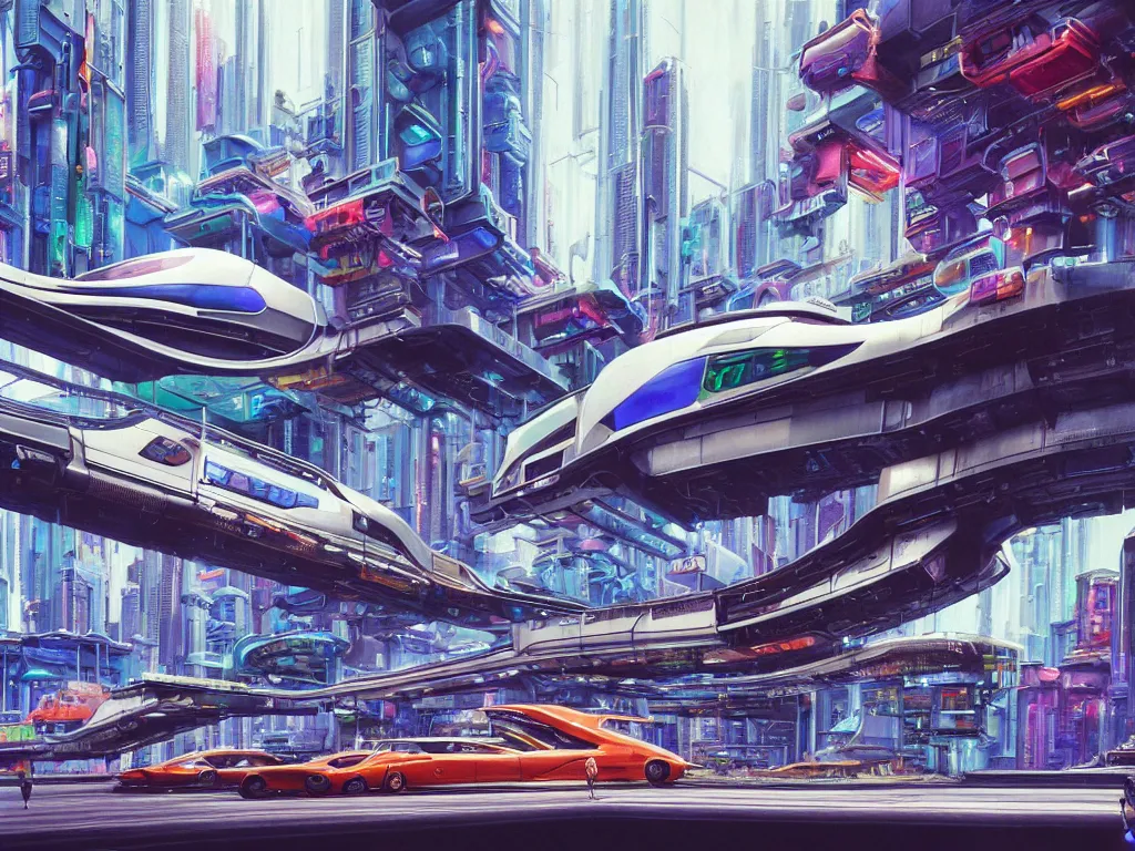 Prompt: hyperrealistic painting of a slice of life from a futuristic city, mechanical designs, futuristic vehicles, technological, detailed engineering, monorail, vivid color, elegant, meticulous, cinematic, cyberpunk style, highly detailed, realism, intricate, acrylic on canvas, 8 k resolution, concept art, by noriyoshi ohrai, francesco di giorgio martini