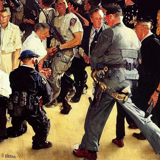 Prompt: norman rockwell painting of the fbi raiding mar - a - lago, highly detailed award winning painting,