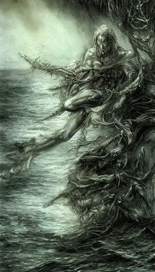 Image similar to man on boat crossing a body of water in hell with creatures in the water, sea of souls, by luis royo,