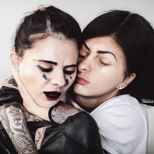 Prompt: Hot young woman, grey skin, void eyeballs, tattoos, wearing a leather jacket, hugging a shrouded person as they cry on her chest