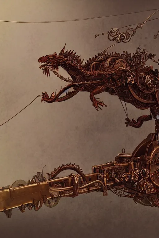 Image similar to illustration, single whole live dragon, old sick gold and crimsoned scaled asian style dragon on a steam punk plank of machinery with wires and gears and steam punk apparatus, matte painting, style of studio ghibli, concept art, featured in artstation and artgerm and pixiv, award winning, cinematic, 8 k