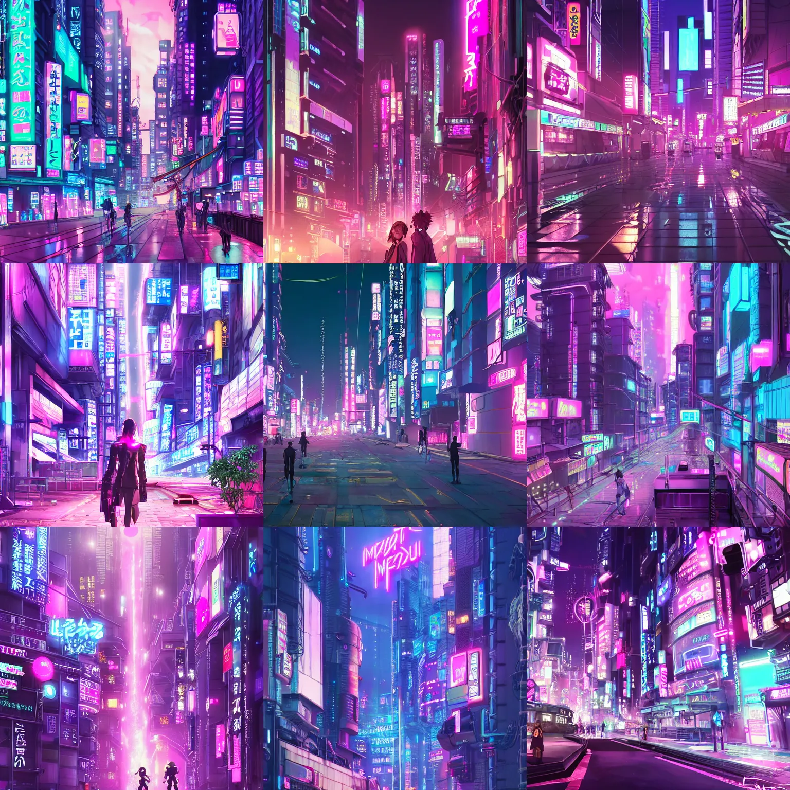 Prompt: cyberpunk city, pink neon lights glow everywhere, in the style kyoani, makoto shinkai, hideaki anno, mochiduki key, lm 7, arknights, studio ghibli, madhouse inc, white fox, studio trigger, gainax, violet evergarden, genshin impact, granblue fantasy, arknights, fate grand order, trending on pixiv