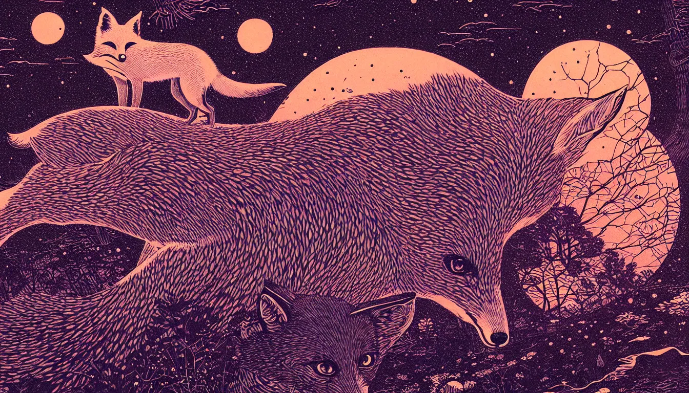 Image similar to fox gazing at the night sky by woodblock print, nicolas delort, moebius, victo ngai, josan gonzalez, kilian eng