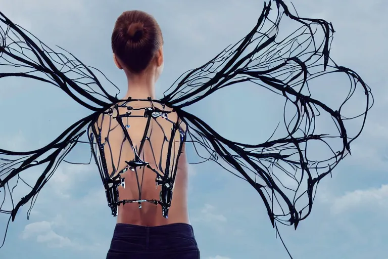 Prompt: woman with network cables in the shape of wings on her back
