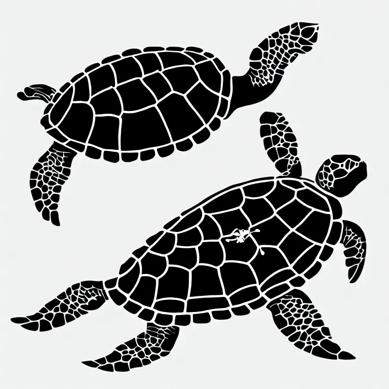 Prompt: simple yet detailed illustration of a warana sea turtle, use of negative space mandatory, artwork created by Mike Mignola and Banksy in the style of a cartoon and tattoo stencil, black ink illustration,no shadings, black on white only, smooth curves