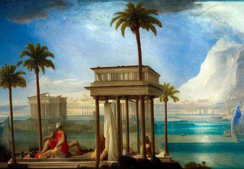 Image similar to Palace floating in the sky, 1km tall, thunderstorm, greek pool, beach and palm trees on the background major arcana sky, by paul delaroche, hyperrealistic 4k uhd, award-winning, very very very detailed