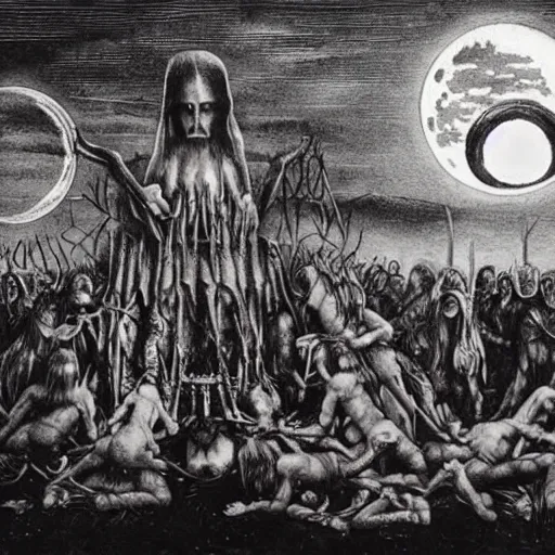 Prompt: Members of a cult gather and summon a Blood Moon, surreal, dark, detailed, intricate, unique made by Leonardo Da Vinci and H R Giger