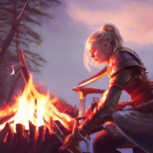 Prompt: An epic fantasy comic book style portrait painting of Elle Fanning sharpening a sword over a campfire, unreal 5, DAZ, hyperrealistic, octane render, cosplay, RPG portrait, dynamic lighting