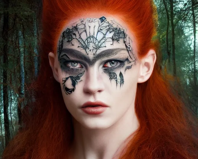 Image similar to 5 5 mm portrait photo of an armored gorgeous anesthetic redhead woman warrior with a face tattoo and wing growing from her head, in a magical forest in the style of stefan kostic, art by luis royo. highly detailed 8 k. intricate. lifelike. soft light. nikon d 8 5 0. cinematic post - processing