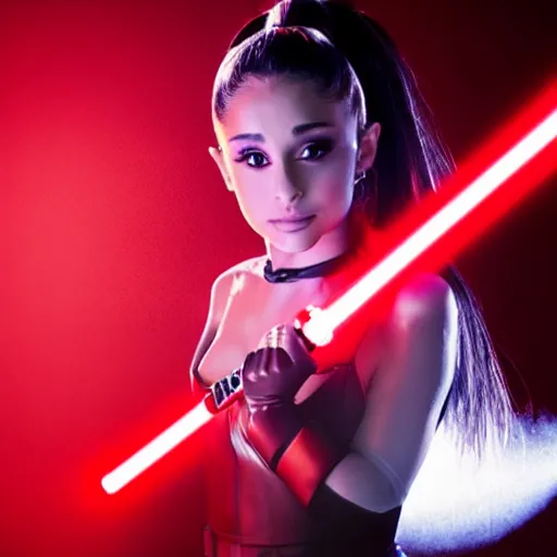 Prompt: Ariana Grande as Darth Vader, studio lighting, cinematic, red lightsaber, glowing, cute