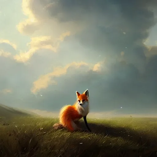 Prompt: the most beautiful realistic picture of a 🦊 surrounded by peaceful clouds by greg rutkowski, trending on artstation, concept art, matte painting, dynamic lighting, realism, happy feeling