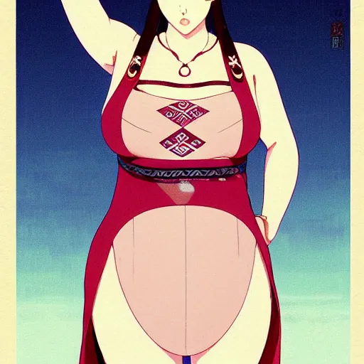 Image similar to a beautiful plus sized model japanese natalie portman, alluring plus sized model, wearing mayan leotard with elegant mayan apron overalls, street fashion hip hop style with mayan patterns, aztec street fashion, gapmoe yandere grimdark, trending on pixiv fanbox, painted by greg rutkowski makoto shinkai takashi takeuchi studio ghibli, akihiko yoshida