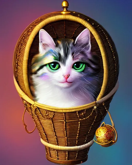 Image similar to cute female cat inside an ornate flying balloon basket of iridescent liquid, alchemy, shiny plastic, intricate, bloom, detailed, volumetric lighting, sharp focus, photorealism, digital painting, highly detailed, concept art, by by artgerm and wlop