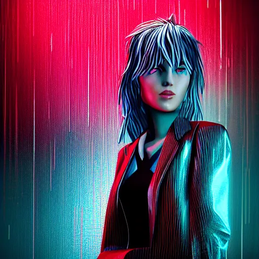 Image similar to stylish woman cartoon portrait made out of rain, pinstripe suit, cyberpunk background, rendered in octane, unreal engine, highly detailed, trending on artstation, realistic, neon, beautiful