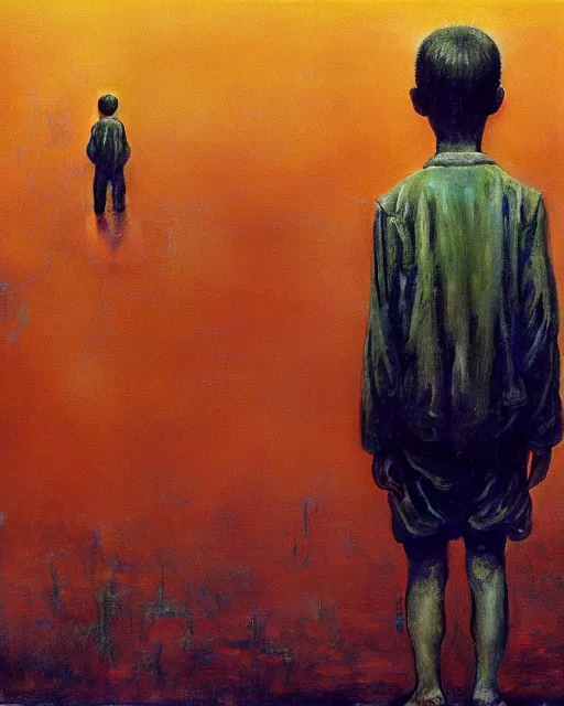 Image similar to 8k professional photo of an 8 years old enlightened and scared boy standing in front of a computer from 90s with a game doom2 at the monitor screen, Beksinski impasto painting, part by Adrian Ghenie and Gerhard Richter. art by Takato Yamamoto, masterpiece. still from a movie by Gaspar Noe and James Cameron