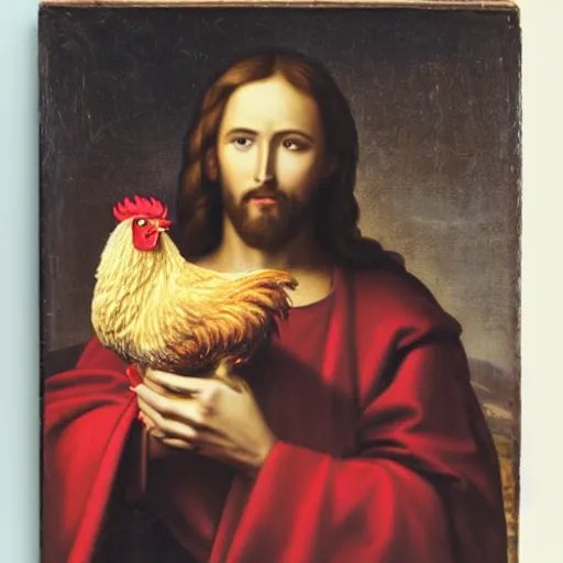 Image similar to jesus christ holding a chicken, portrait,