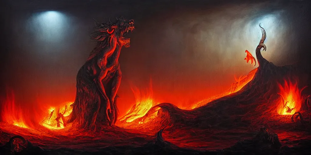 Image similar to mythical creatures and monsters at the mouth of hell, dramatic lighting glow from giant fire, in a dark surreal painting by ronny khalil