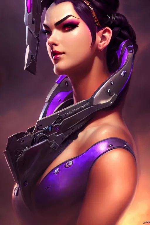 Image similar to epic lovely widowmaker portrait from overwatch, fantasy, fantasy art, character portrait, portrait, close up, highly detailed, scifi art, intricate detail, amazing detail, sharp focus, vintage fantasy art, vintage sci - fi art, radiant light, trending on artstation, caustics, by boris vallejo