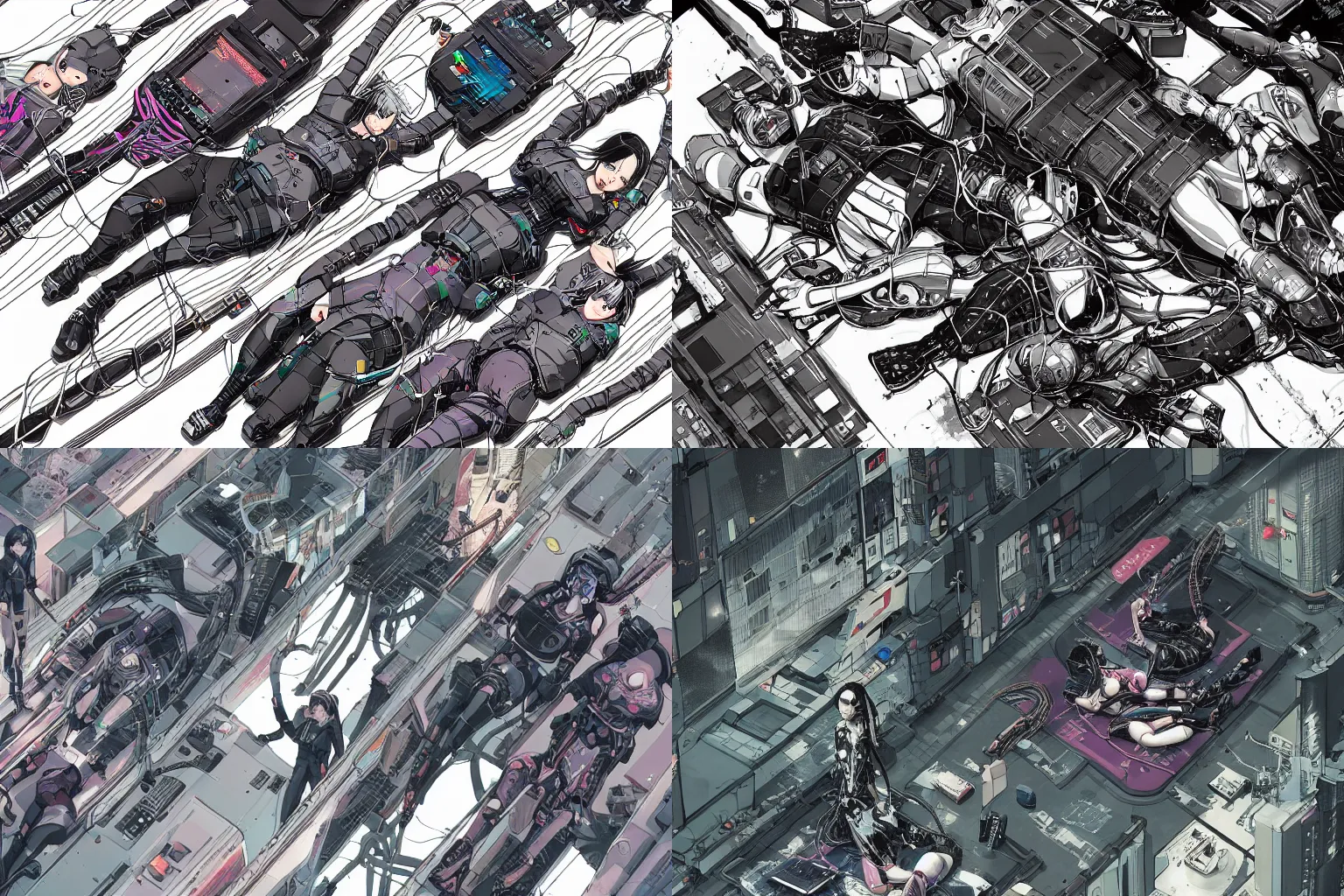 Prompt: a cyberpunk illustration of a group of three coherent female androids in style of masamune shirow, lying on an empty, white floor with their bodies broken scattered rotated in different directions and cables and wires coming out, by yukito kishiro and katsuhiro otomo, hyper-detailed, intricate, view from above