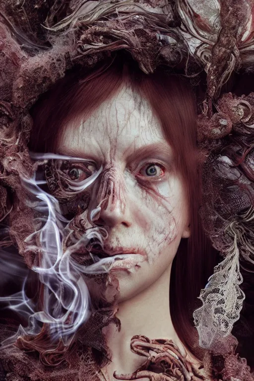 Image similar to 3 5 mm colour, italian looking emma, evil princess, long brown hair, hyperrealism, octane render, weird, odd, strange, creepy, extremely detailed, intricate smoke magic, lace, silk, style of david cronenberg, hyung tae, frank frazetta